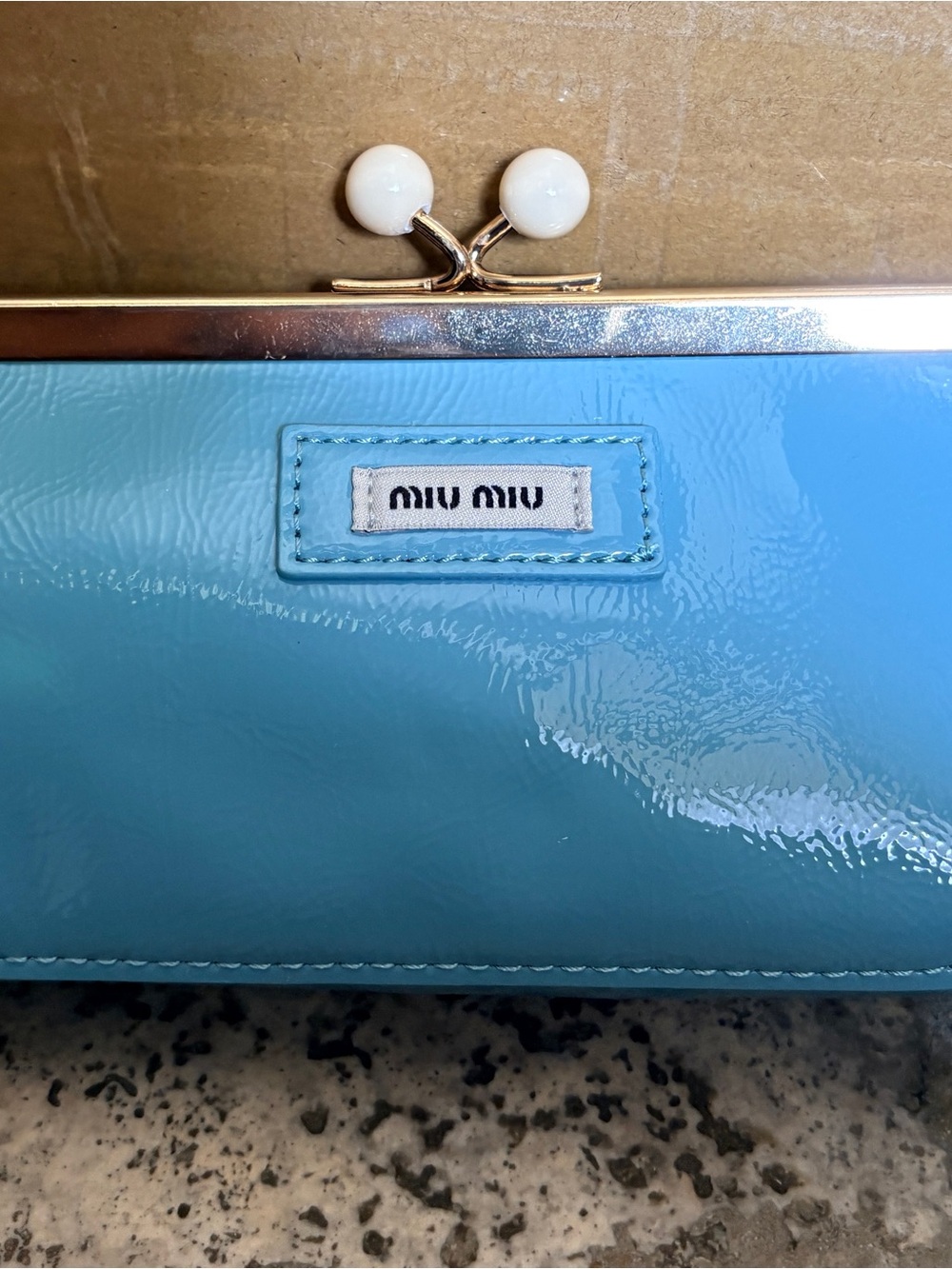 Christmas Gift? Miu Miu Blue Patent Leather Chain Clutch + Box, New - Picture 2 of 8